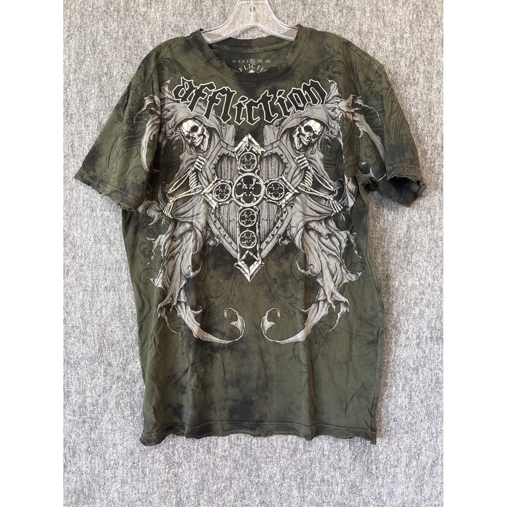 Affliction Live Fast Mens XL T-Shirt Olive Green Reaper Cross Graphic Tie Dye